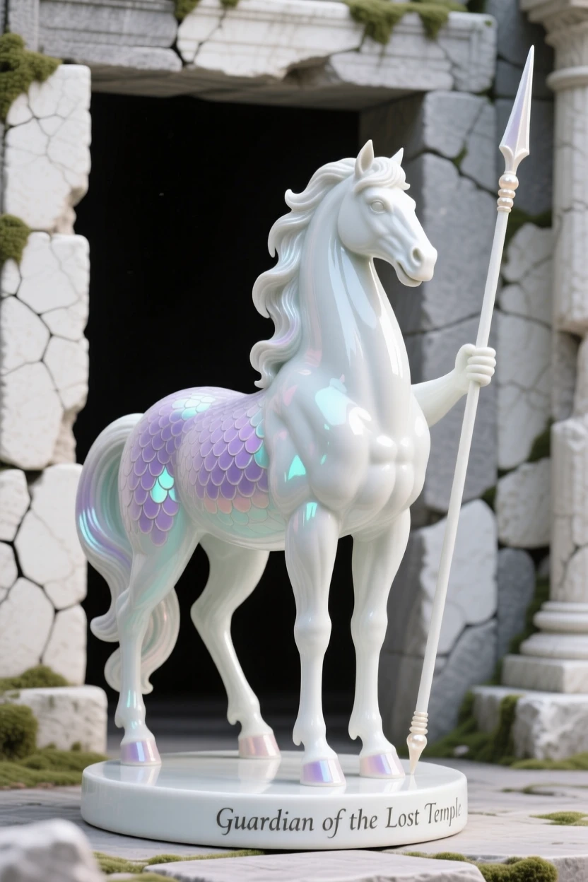 A majestic centaur guarding the entrance to an ancient ruin, scales shimmering with iridescent color.