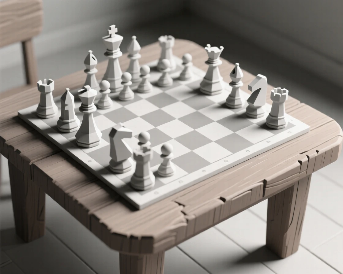 A chess set mid-game on a wooden table, on a weathered wooden table. muted tones give the scene a timeless quality. The atmosphere feels cozy and personal.