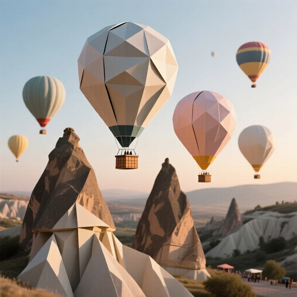 A hot air balloon festival rising over Cappadocia's fairy chimney rock formations at dawn.