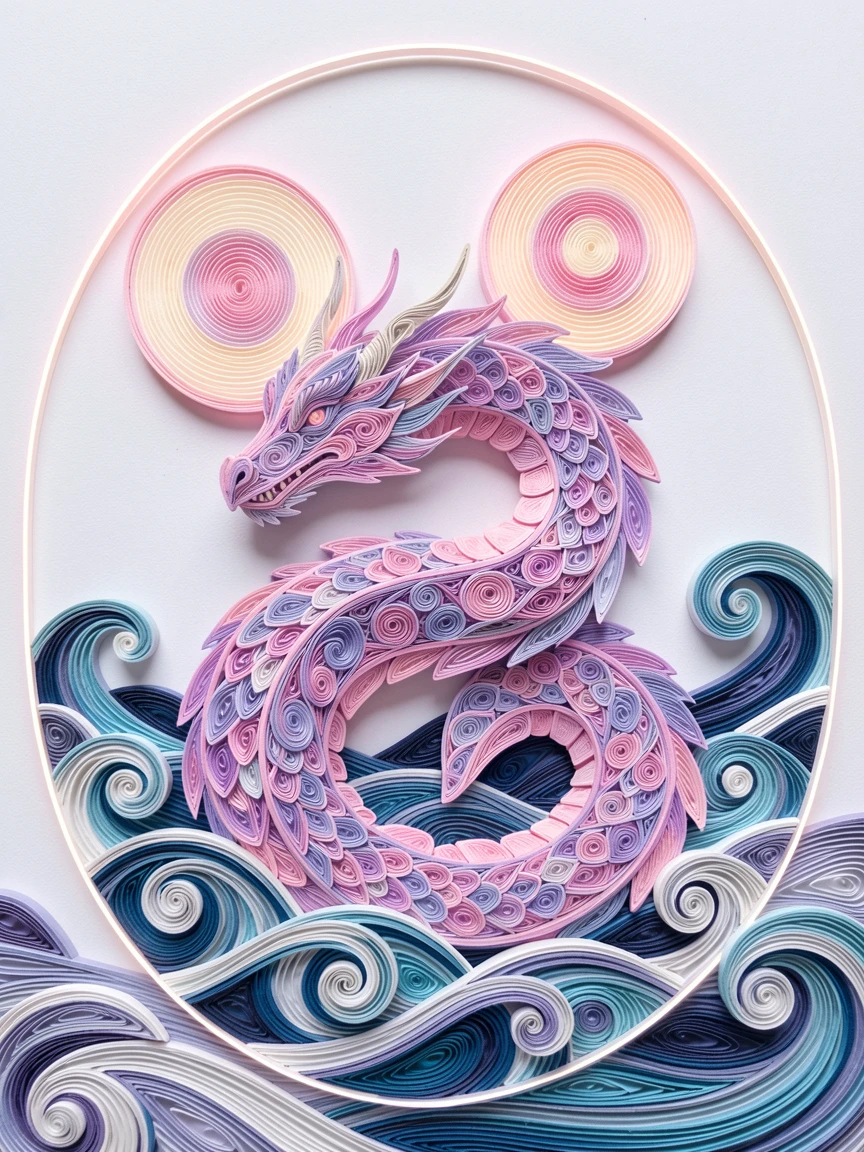 A magical fantasy scene of a sea dragon coiling gracefully through ocean waves beneath a sky filled with two glowing moons, in dreamy pastel tones of lavender and rose, framed with a dreamlike glowing halo of light.