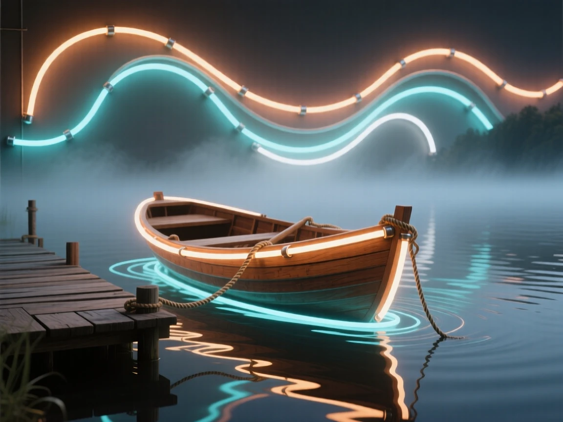 A small wooden rowboat tied to a dock on a misty morning lake.