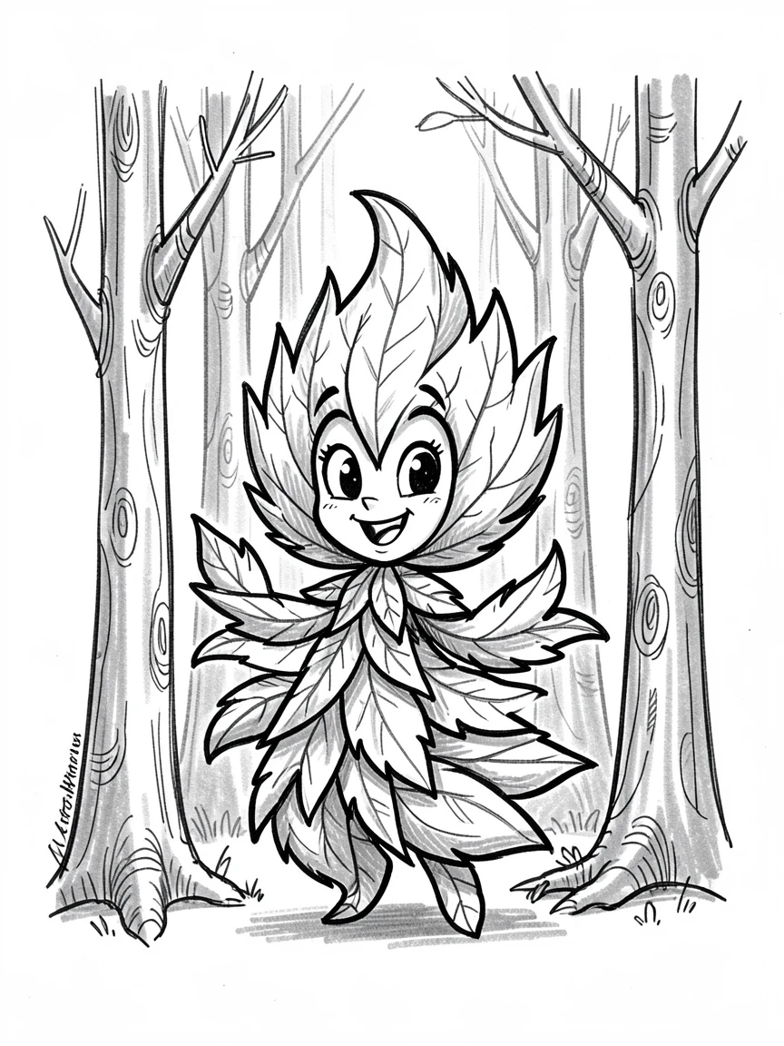 A friendly forest spirit made of leaves in a grove of silver trees.