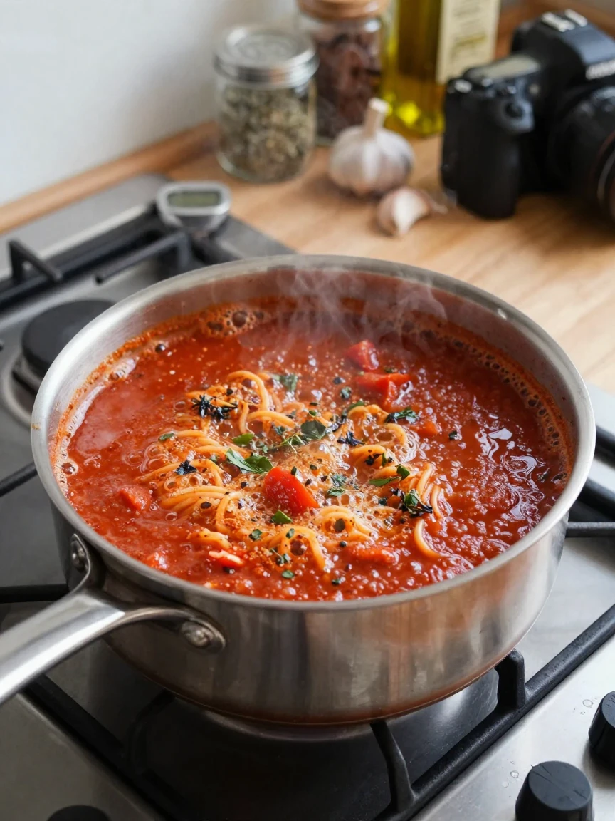 A bubbling pot of tomato pasta sauce on the stove
