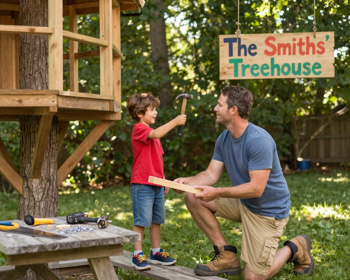 A father and son build a treehouse together over a long summer weekend.