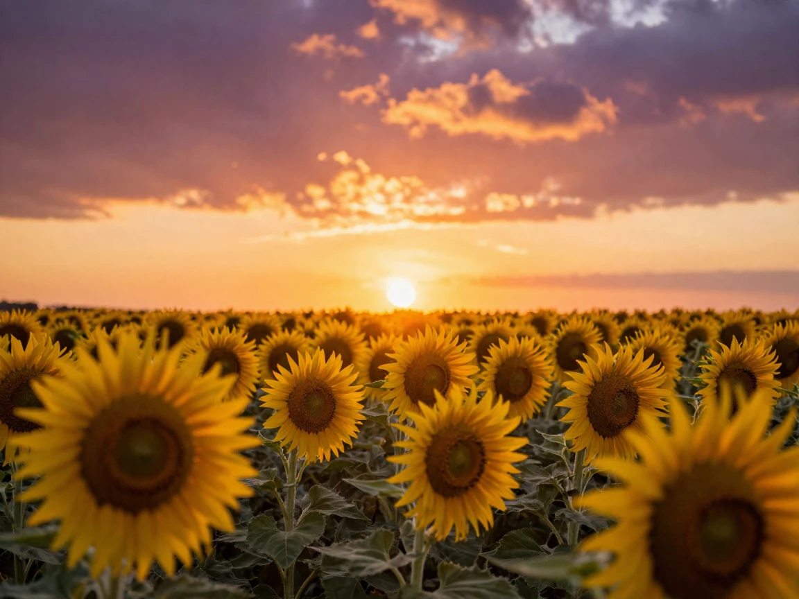 An endless field of sunflowers turned toward a brilliant summer sunset