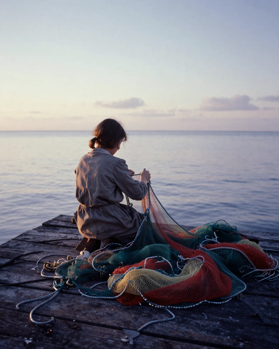 A fisherman's daughter untangling colorful nets on a pier, in the pale light just before sunrise, with a soft breeze stirring the air, in the mild days of early autumn, in cool blues and silvery greys, from behind, looking toward the horizon.