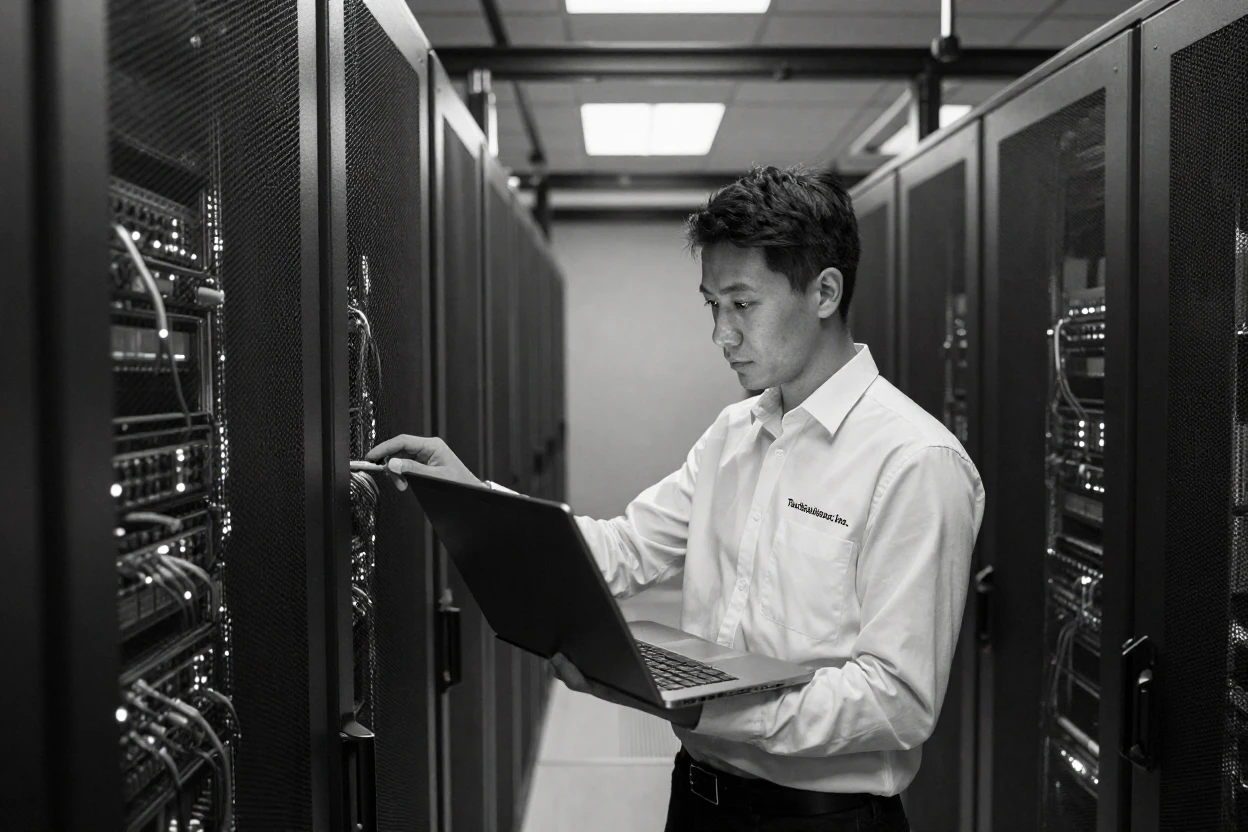 A data center technician inspects rows of humming servers inside a vast data center.