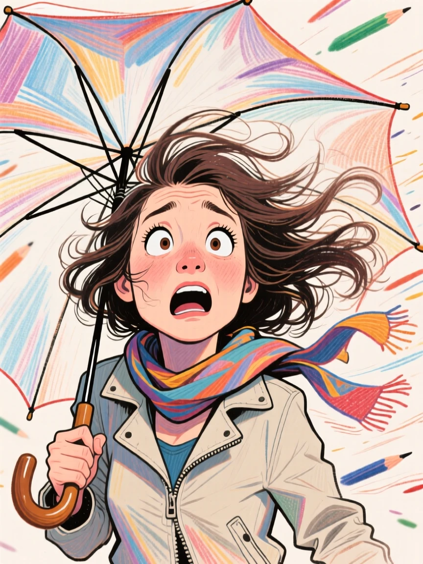 A woman holding an umbrella that's just turned inside out in the wind.