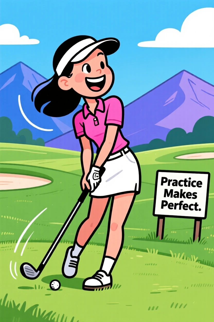 An aspirational lifestyle scene of a woman practicing golf on a manicured green course with mountains in the distance.