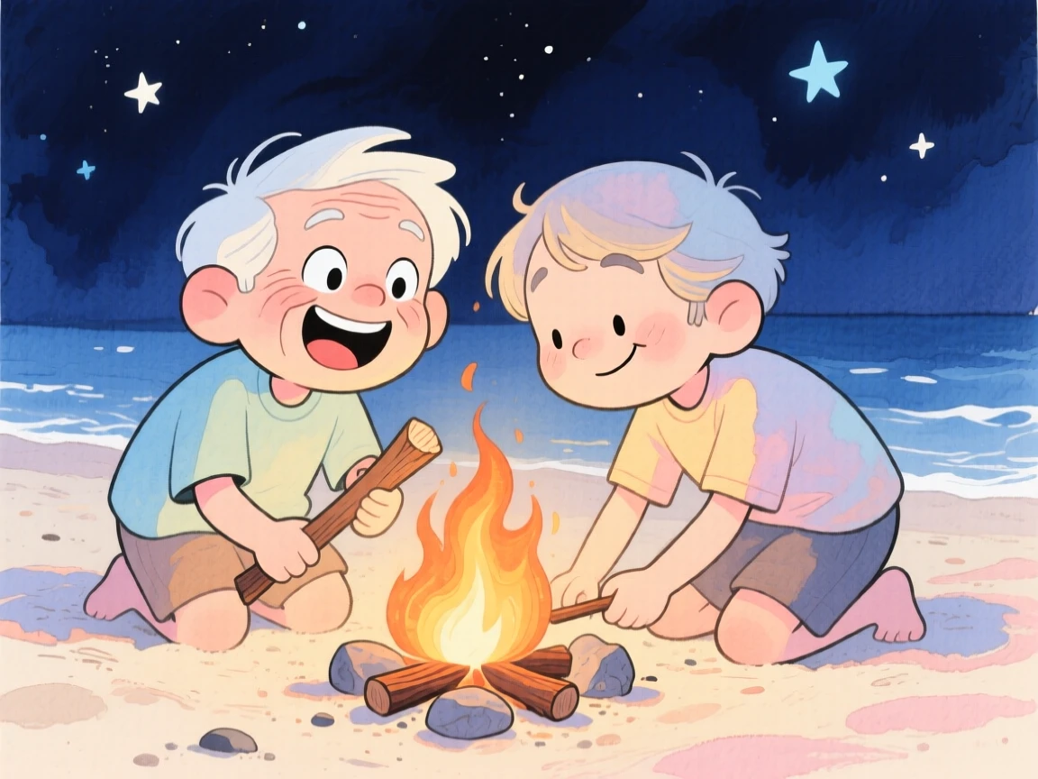 Two lifelong best friends building a bonfire together on a beach at night