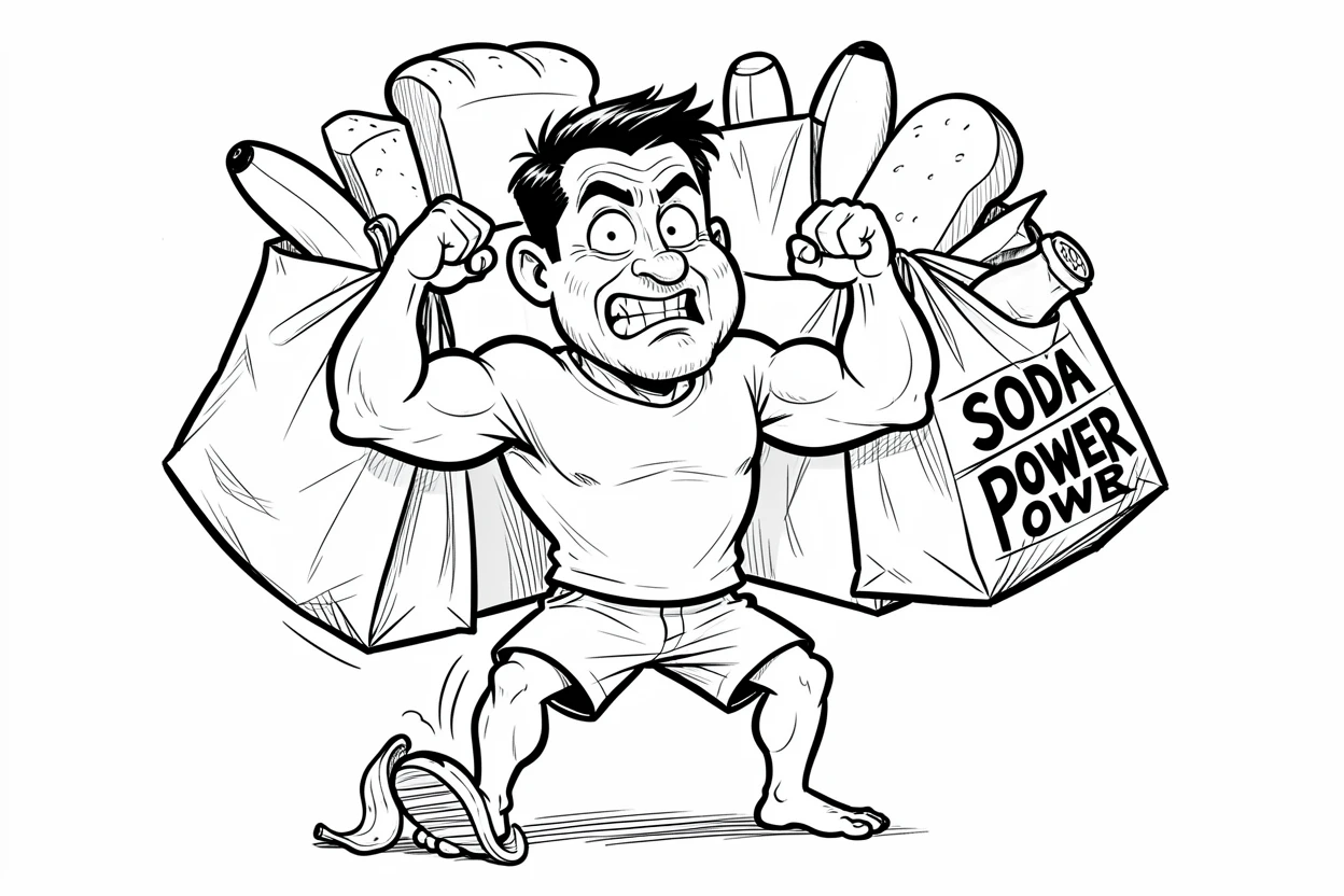 [Funny & Exaggerated Situations] Comical scene of a dad attempting to flex his muscles while carrying too many grocery bags, exaggerated for maximum laughs