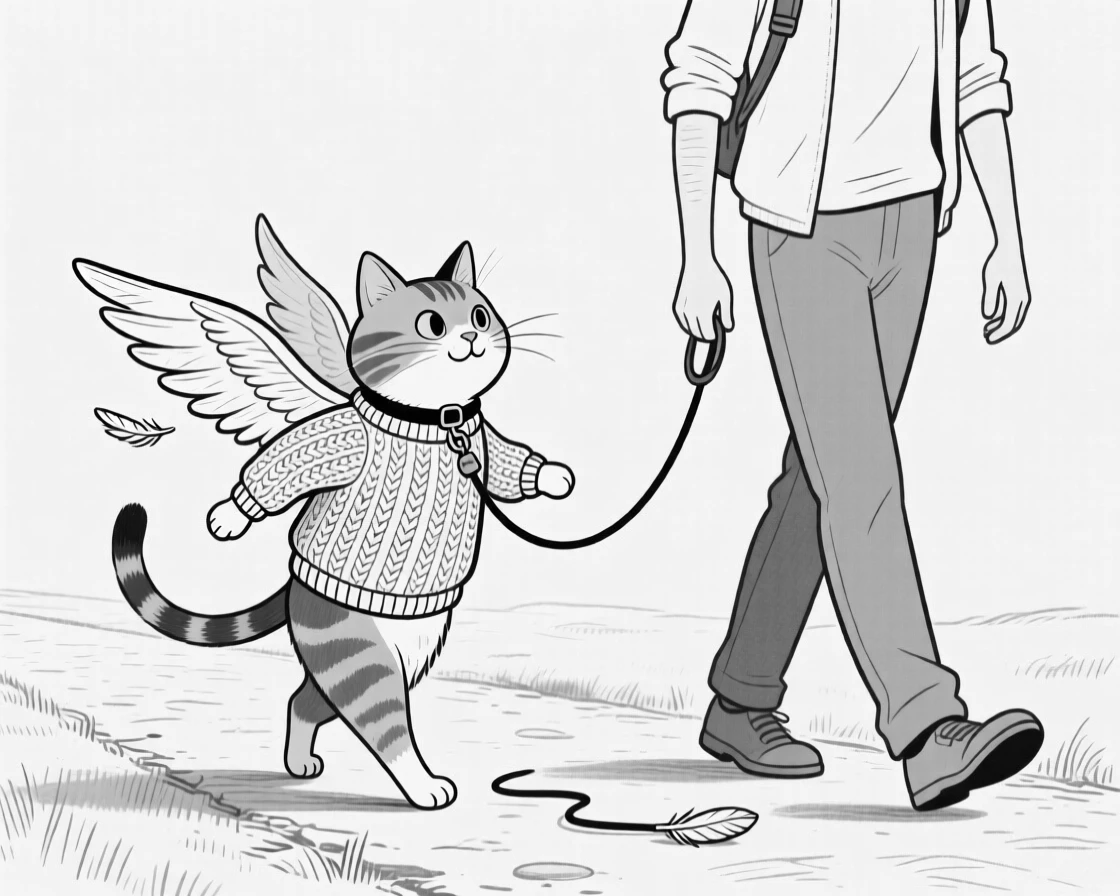 A dignified cat wearing a tiny knitted sweater, flapping stubby wings in an attempt to fly, set next to its towering owner on a walking trail. A tiny leash trails uselessly behind. The image radiates pure comic affection.