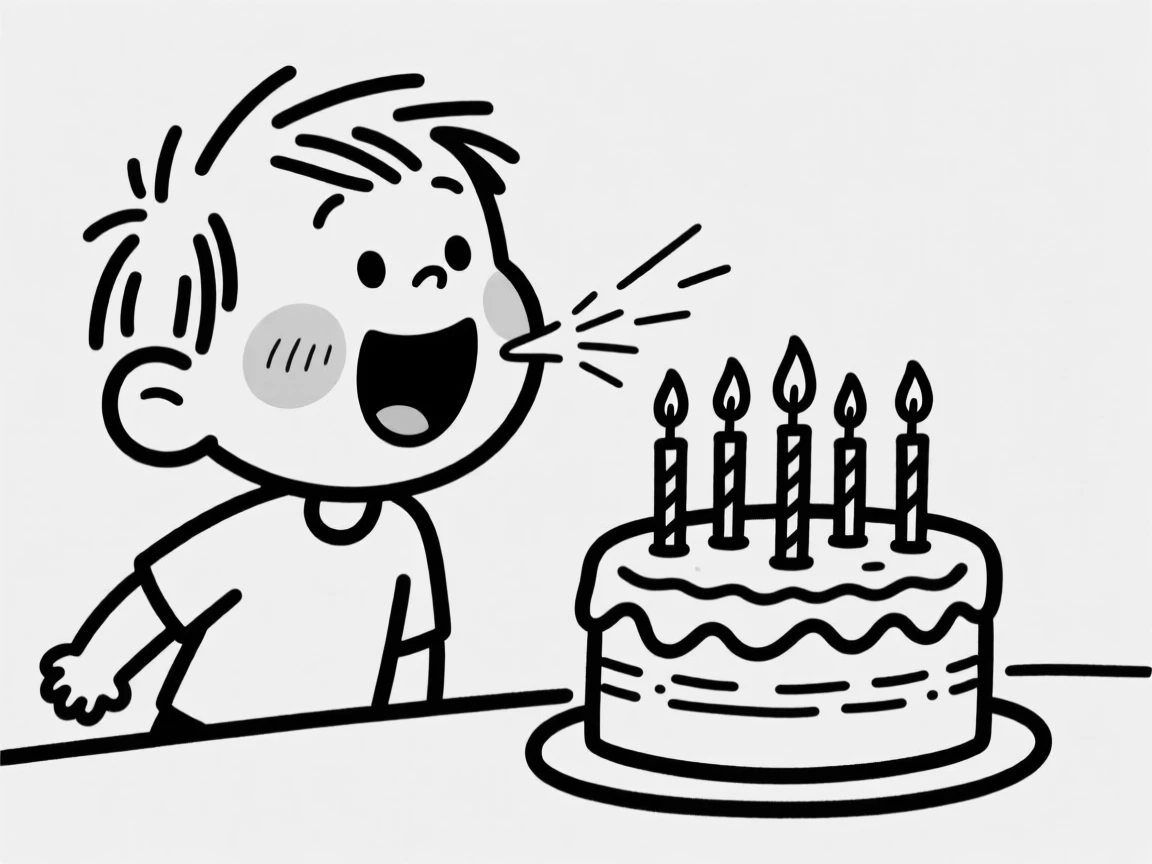 A birthday cake covered in candles being blown out by an excited child.