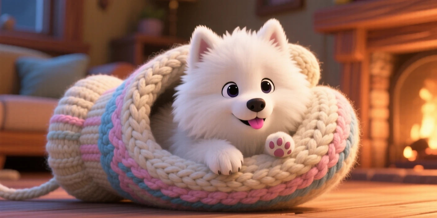 A fluffy Samoyed puppy is tucked inside a knitted mitten, reaching out a tiny paw. The mood is soft, tender, and endearing, with soft shadows framing the scene.
