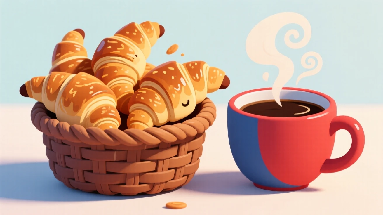 A basket of freshly baked croissants beside a cup of coffee.