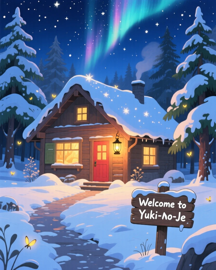 A nighttime scene of a snow-covered cabin glowing warmly against the night sky, softly glowing with warmth.