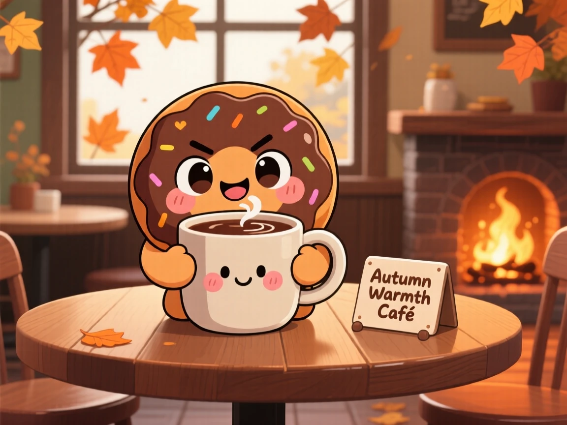 A smiling donut hugging a mug of hot cocoa, framed as a symmetrical front-on view within a cozy café table, on a crisp autumn afternoon, glowing under cozy firelight, evoking proud determination.