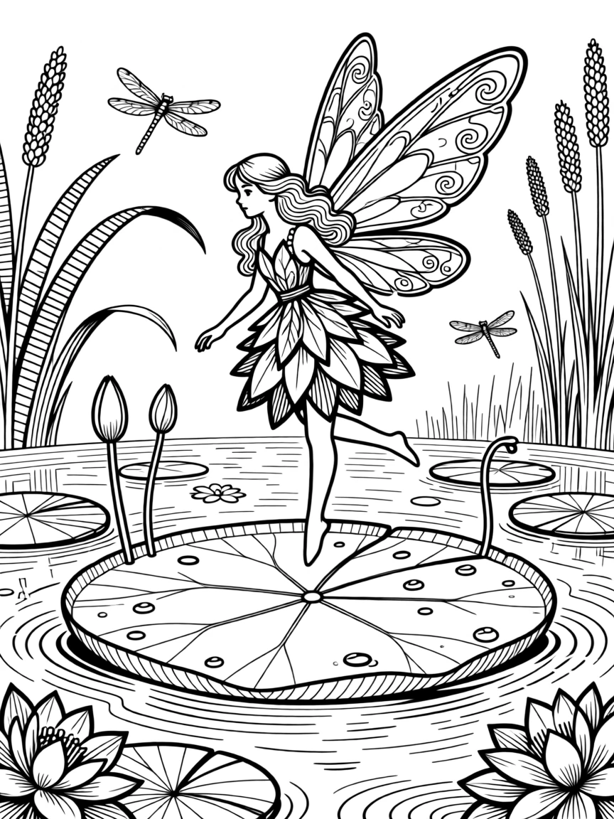 A fairy's wings catching the light as she hovers over a lily pad.