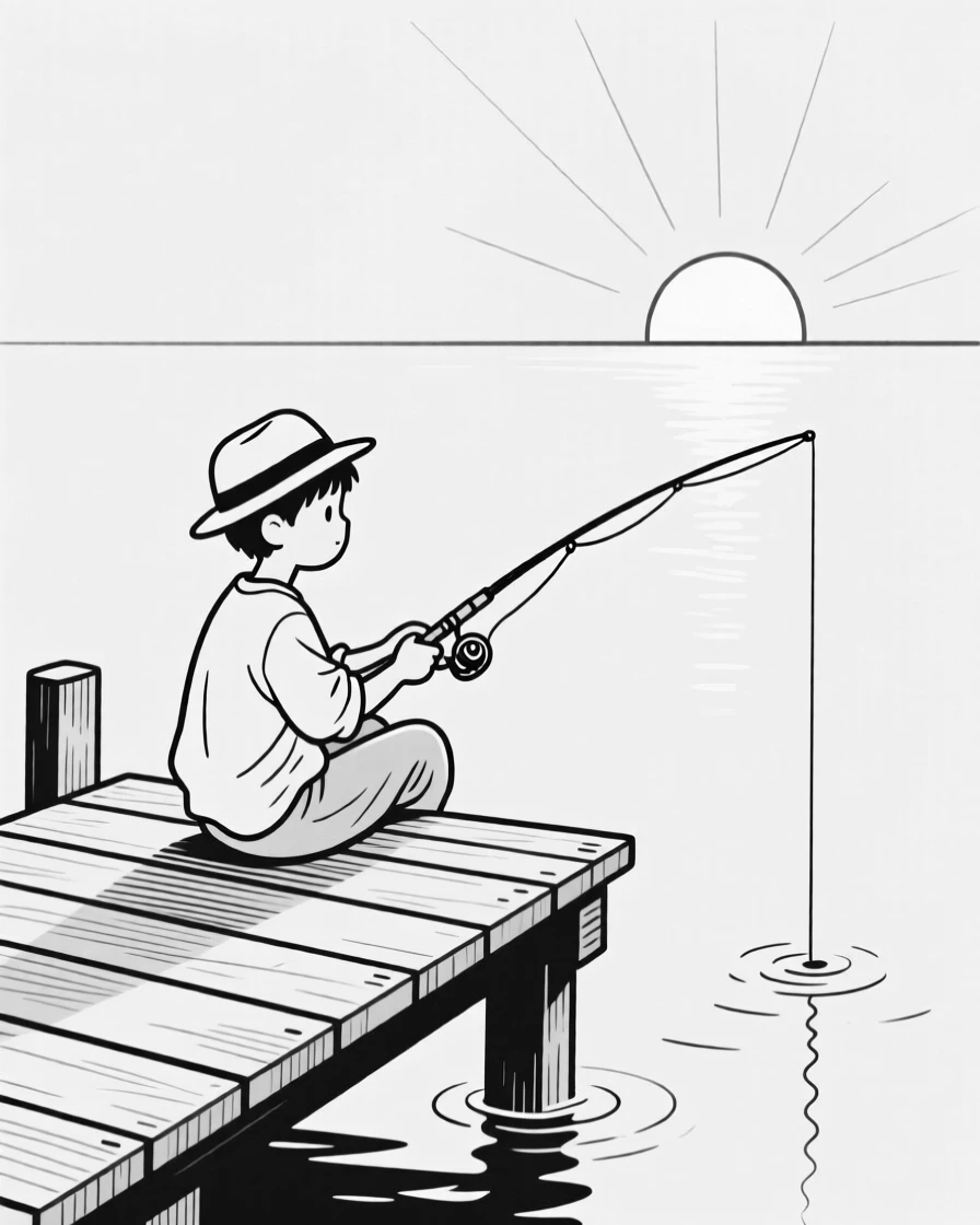 A young boy fishing from a wooden dock at sunrise