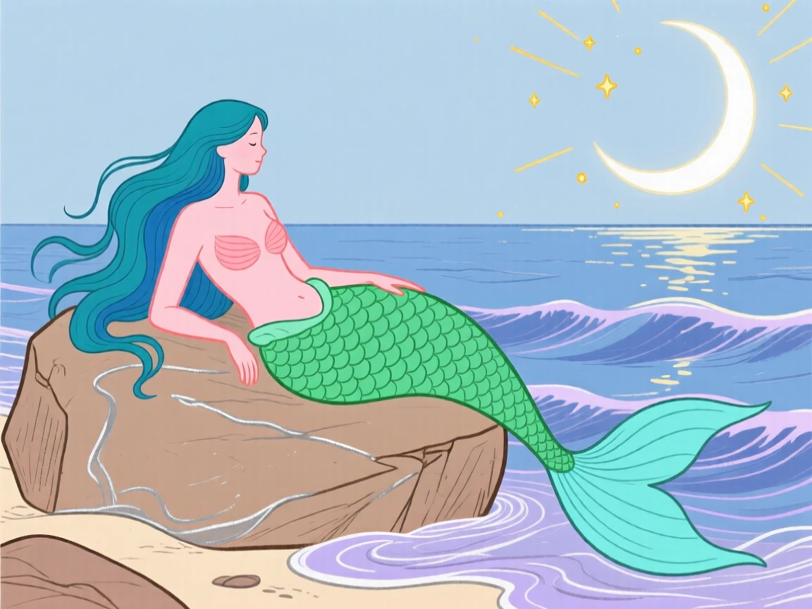 A mermaid resting on a rock beside a moonlit sea.