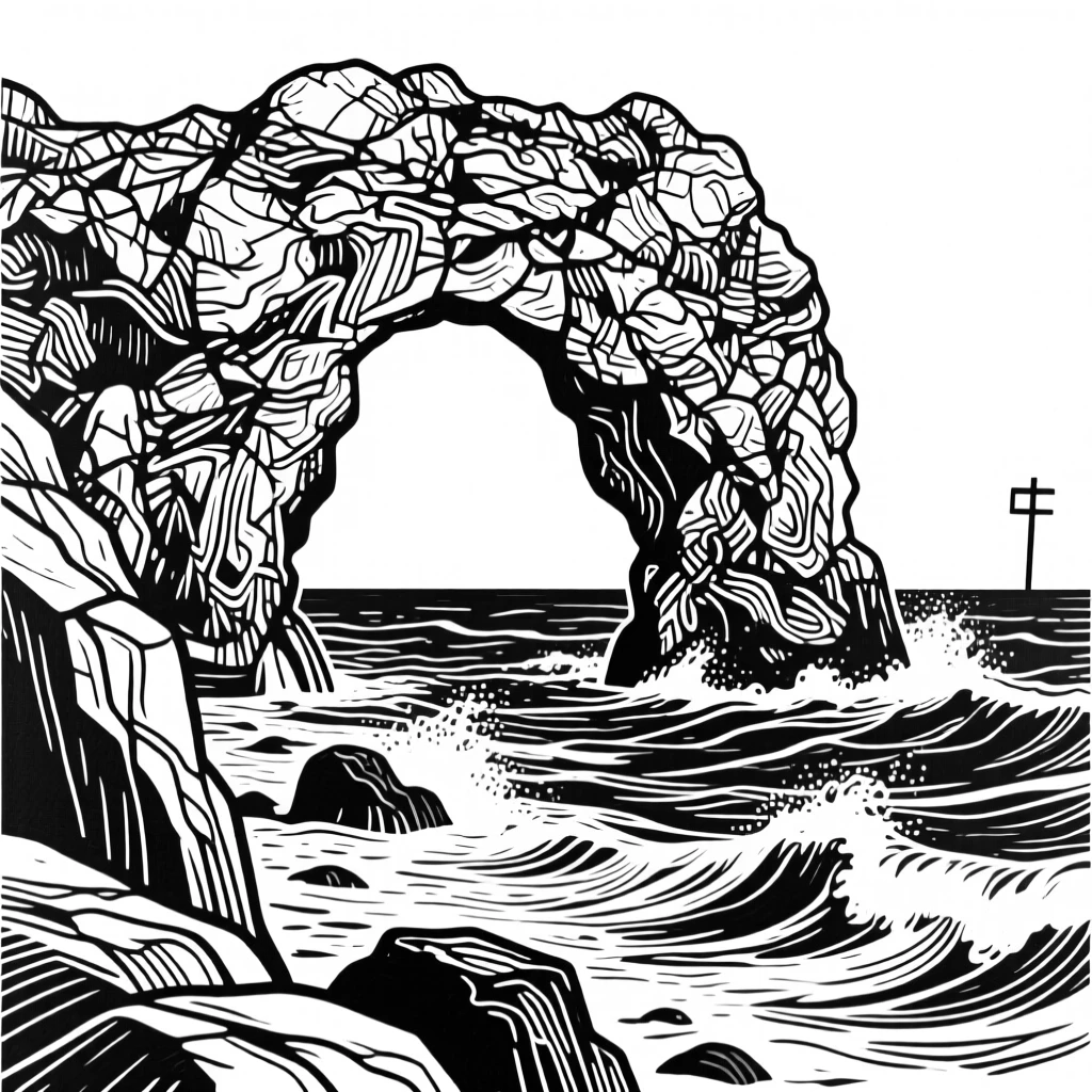 A dramatic sea arch carved into a rocky coastline.