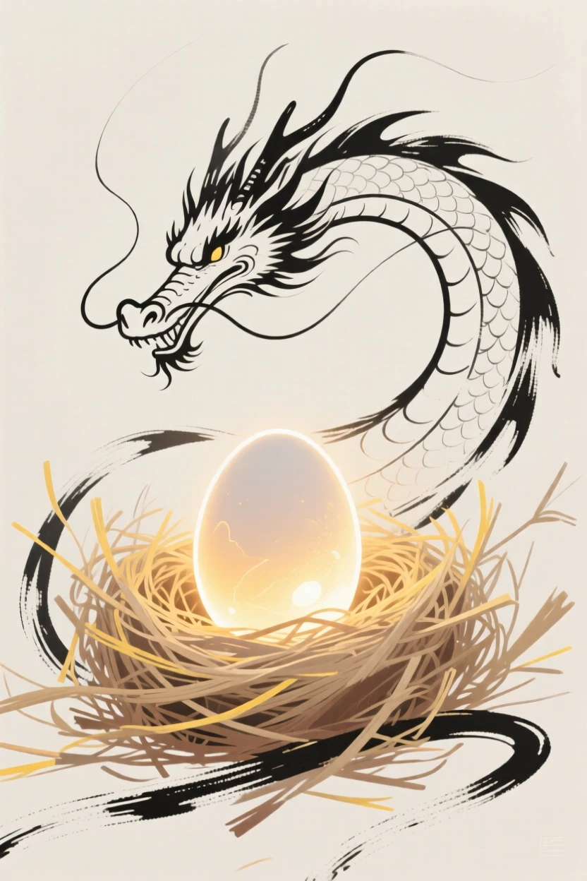A dragon egg glowing with inner light nestled in a nest of straw.