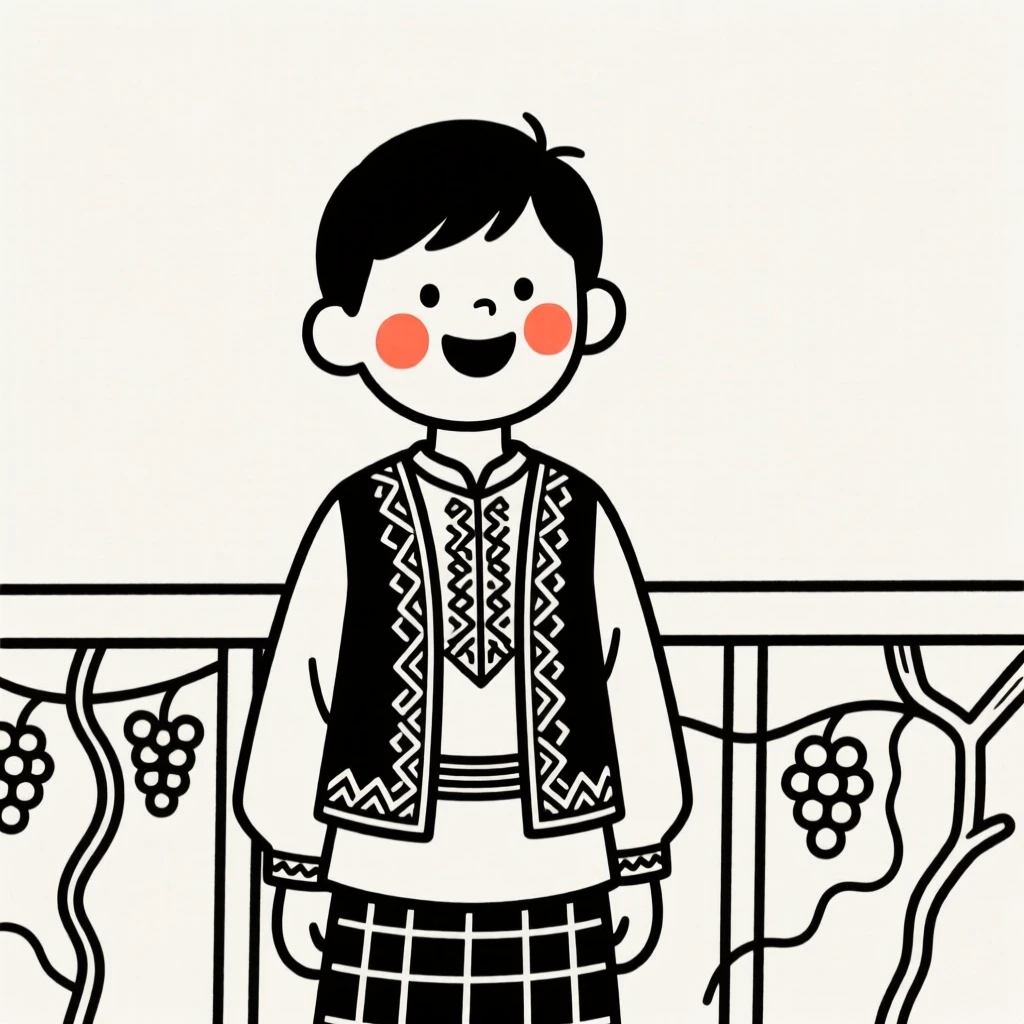 A young boy of Scottish heritage wearing a Turkish embroidered vest, beaming with pride, on a vineyard terrace.