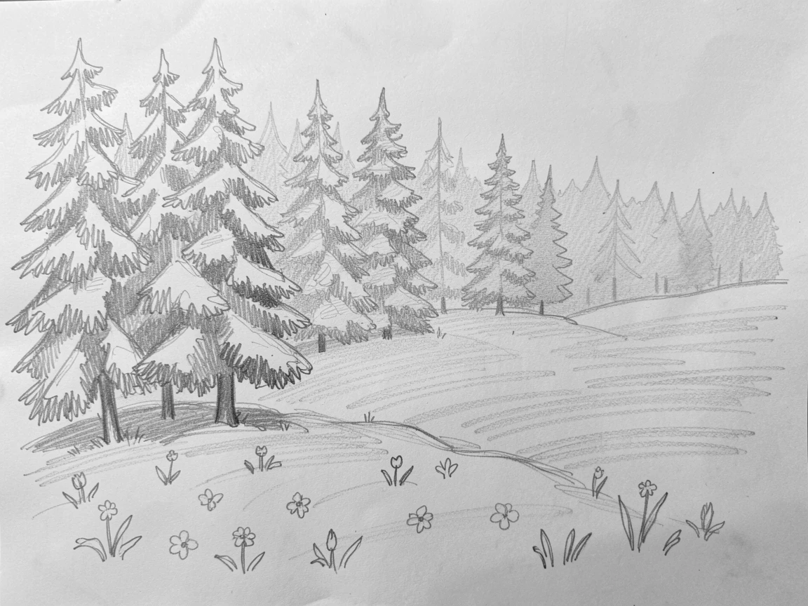 Sweeping landscape of a pine forest after fresh snowfall shrouded in gentle fog, with wildflowers scattered across the foreground.
