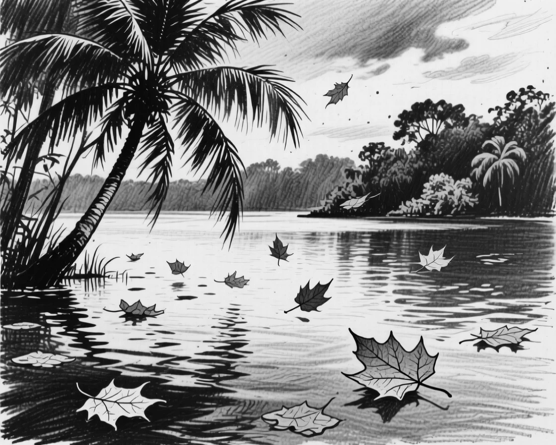 A tropical lagoon as autumn leaves drift on a gentle breeze.