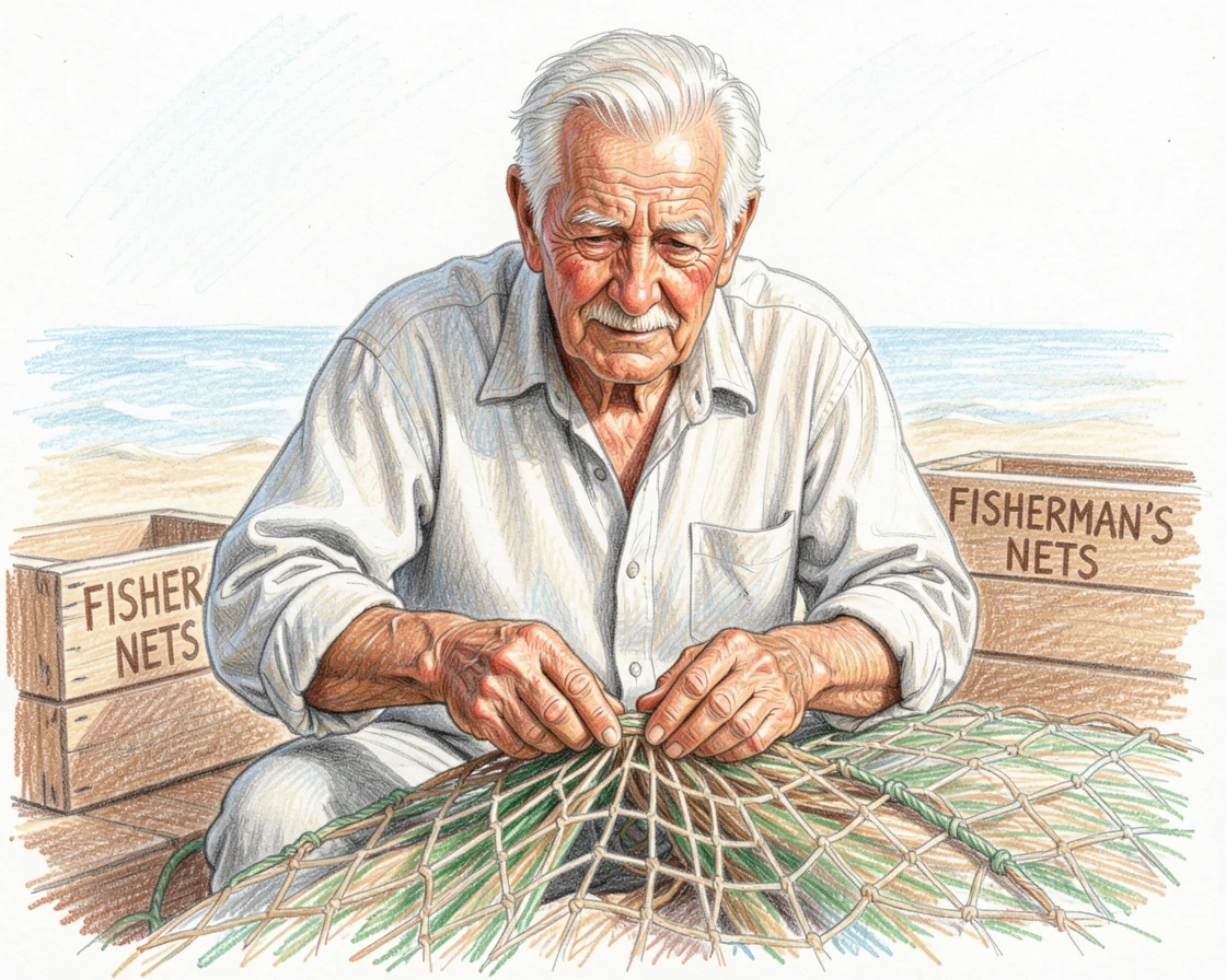 An elderly fisherman with a weathered, kind face mending his nets, with soft, natural lighting highlighting genuine emotion, capturing a fleeting, deeply relatable moment.