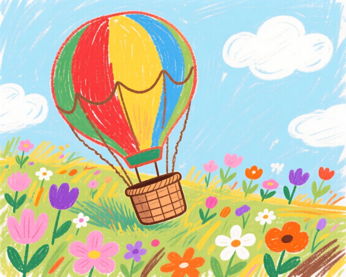 A hot air balloon parked beside a field of wildflowers.