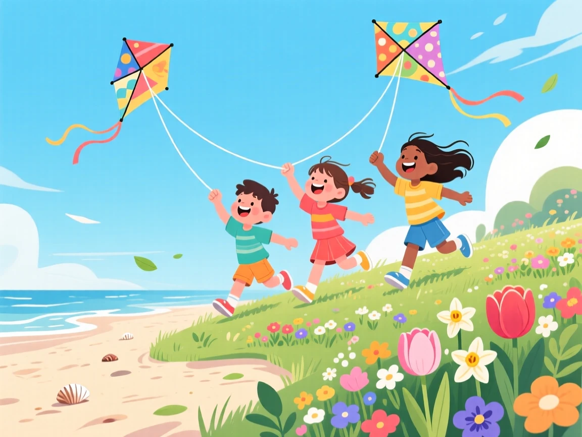 A group of children flying kites together on a breezy beach, in a peaceful garden filled with seasonal flowers, arranged with the subject slightly off-center for a natural feel, with small joyful details like flying hair or bright laughter.