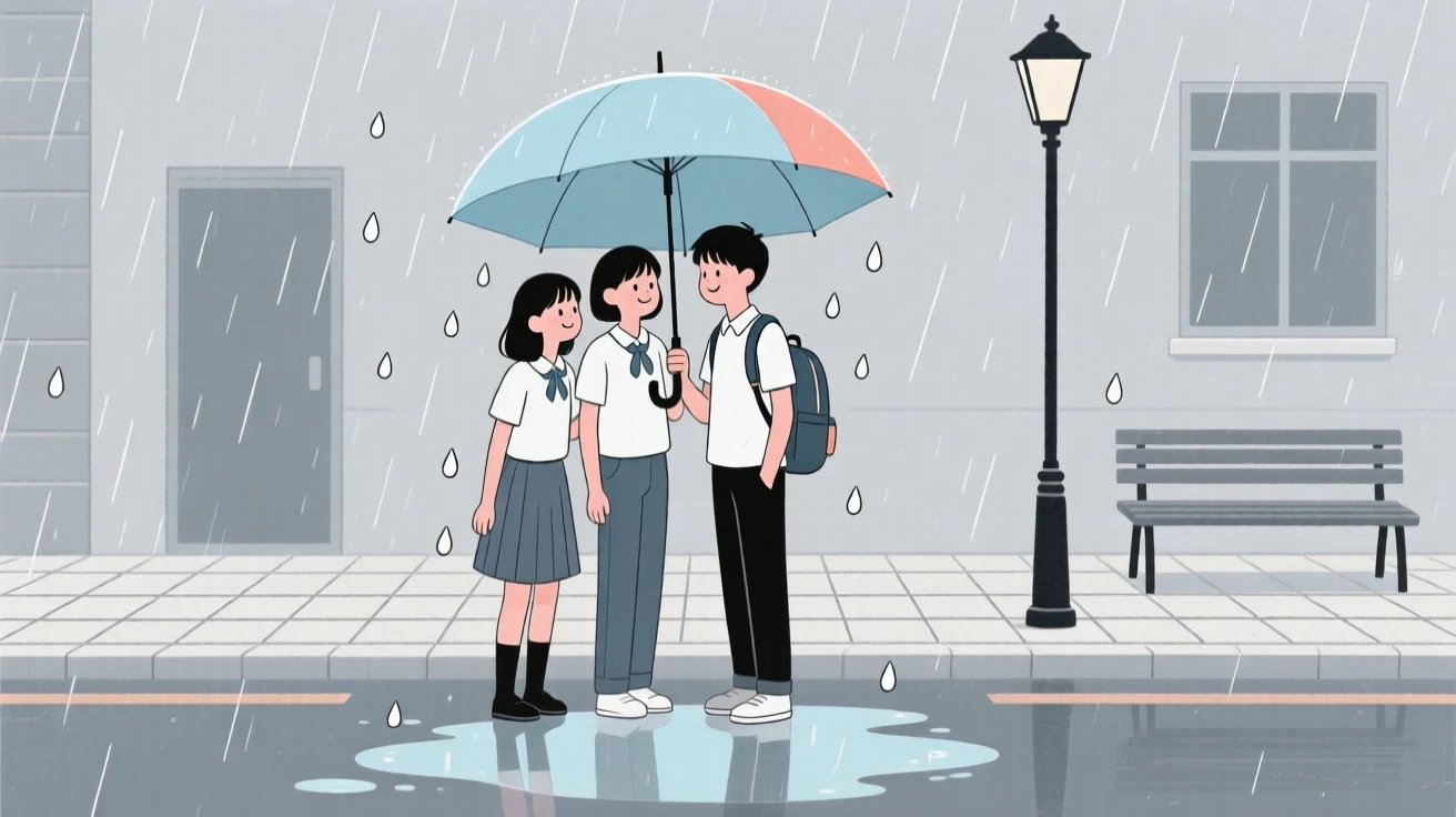 A group of students sharing an umbrella in the rain on a quiet weekday morning in the city.