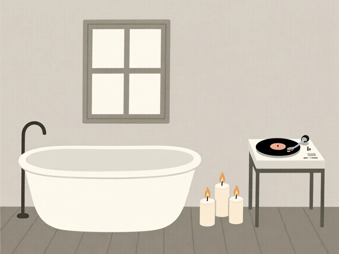 A tidy bathtub with candles arranged near a vinyl record player in a countryside cottage, expressing restful ease.