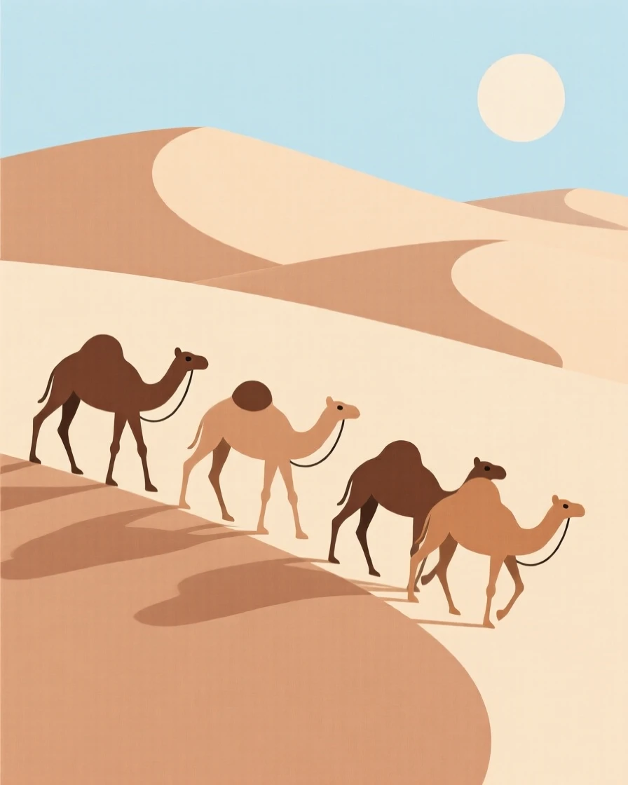 A desert caravan of camels crossing dunes