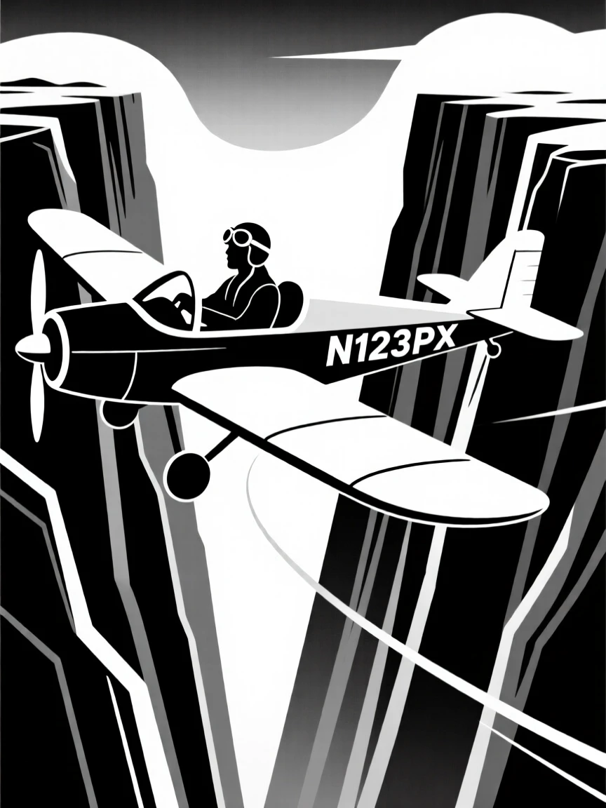 A pilot navigating a small plane through a narrow canyon.