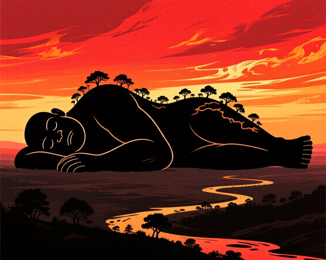 A sleeping giant so vast that trees and rivers have grown across its body.