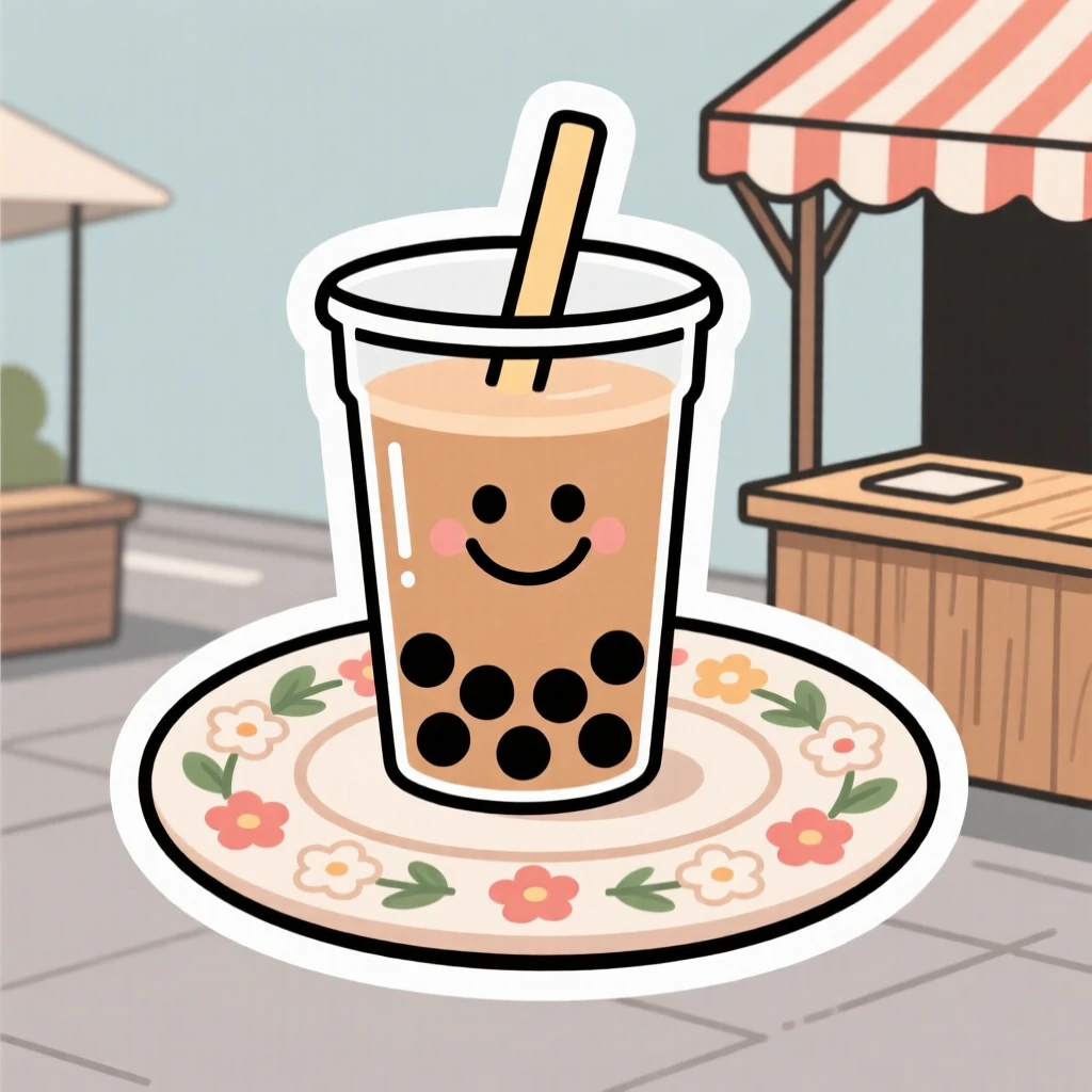 A delightfully sweet cup of bubble tea with a smiley face design, placed on a floral patterned plate, at an outdoor market stall.