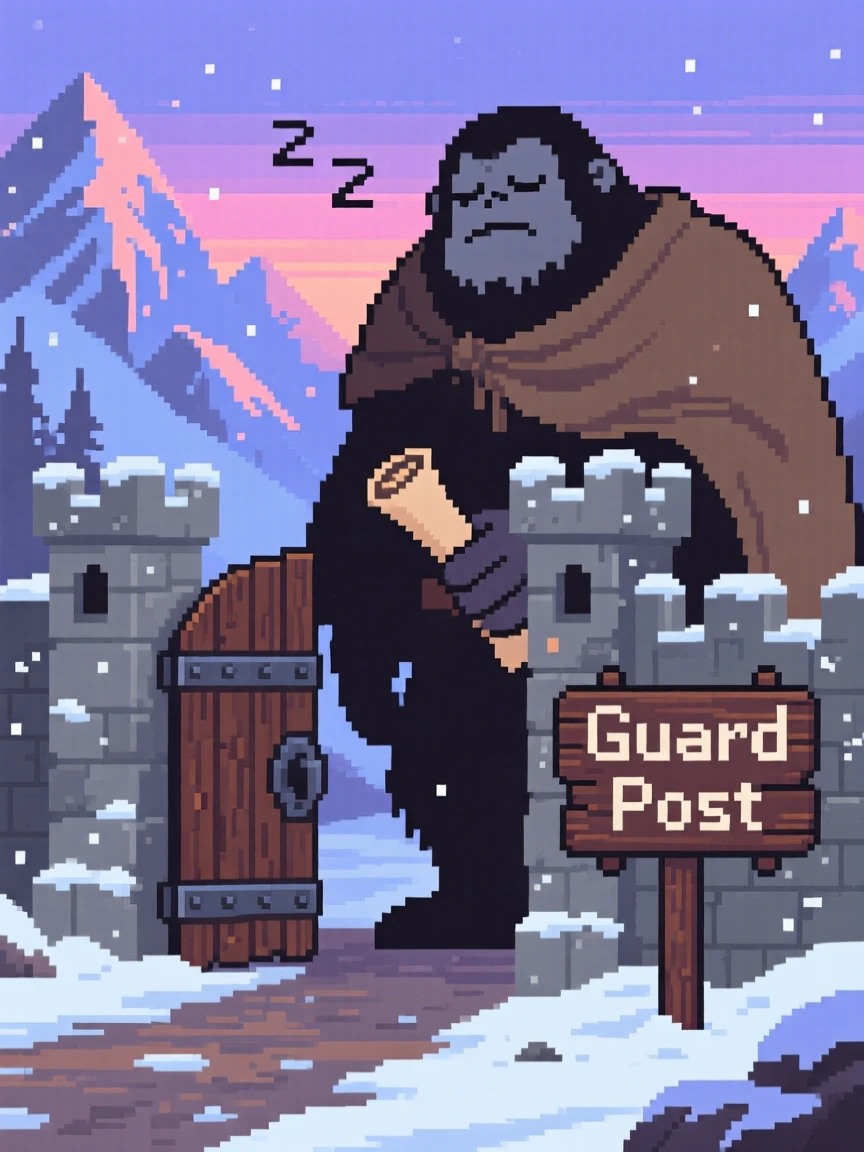 A sleepy mountain giant delivering a scroll to a castle gate, in a snowy mountain pass at dusk.