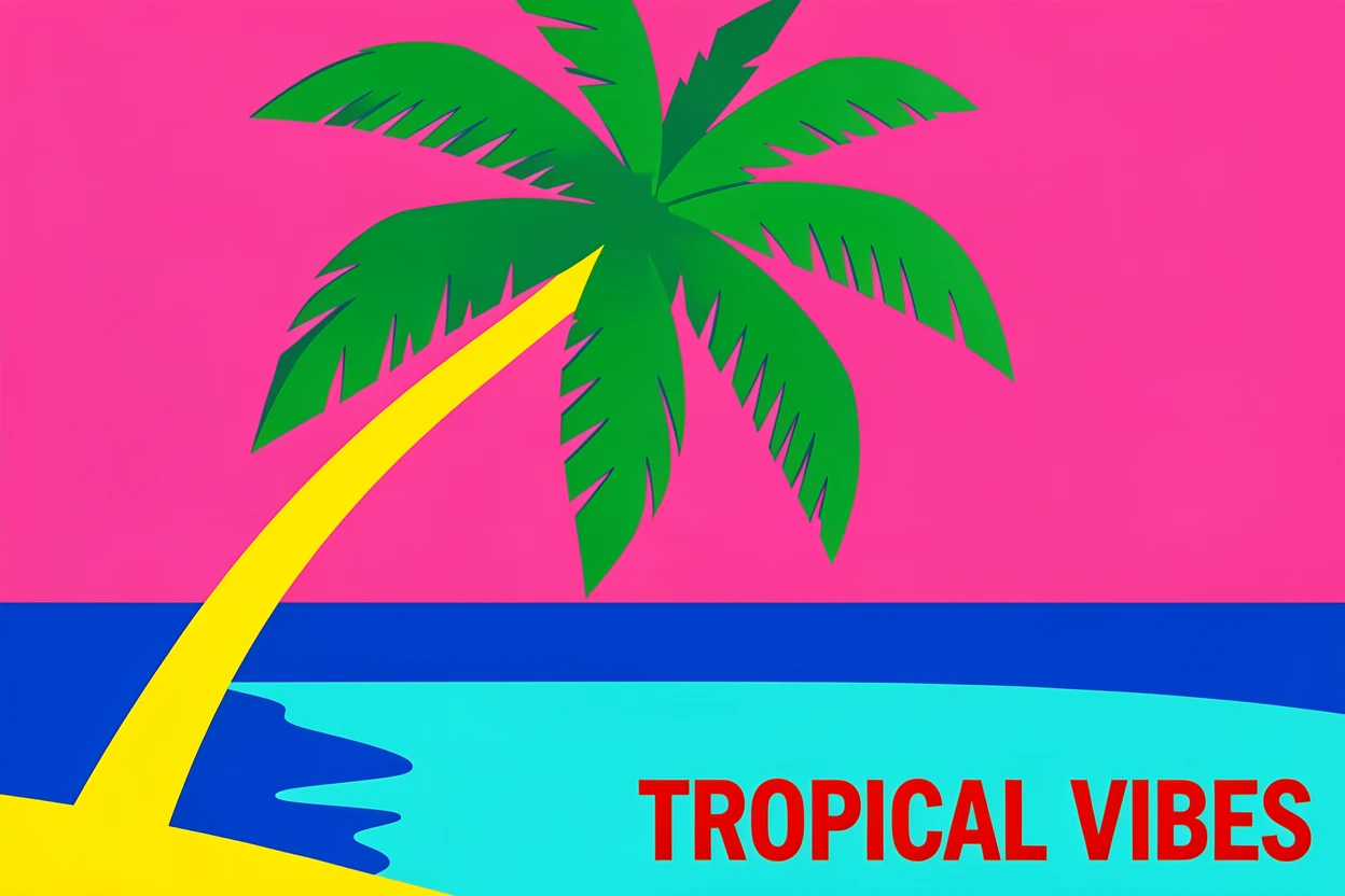 Tropical beach with a single palm tree leaning over the water