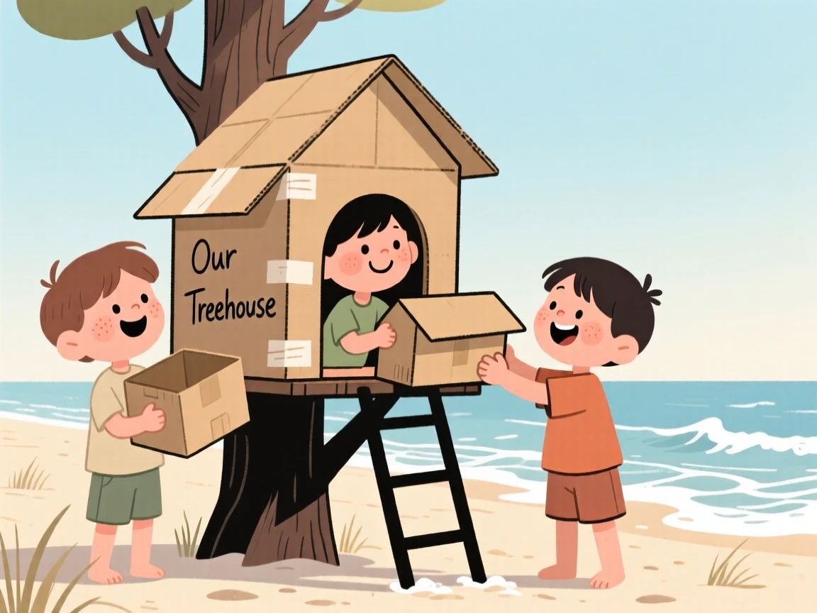 A trio of children build a treehouse out of cardboard boxes in the sunny beach, laughing as a wave rushes in to wash it away.