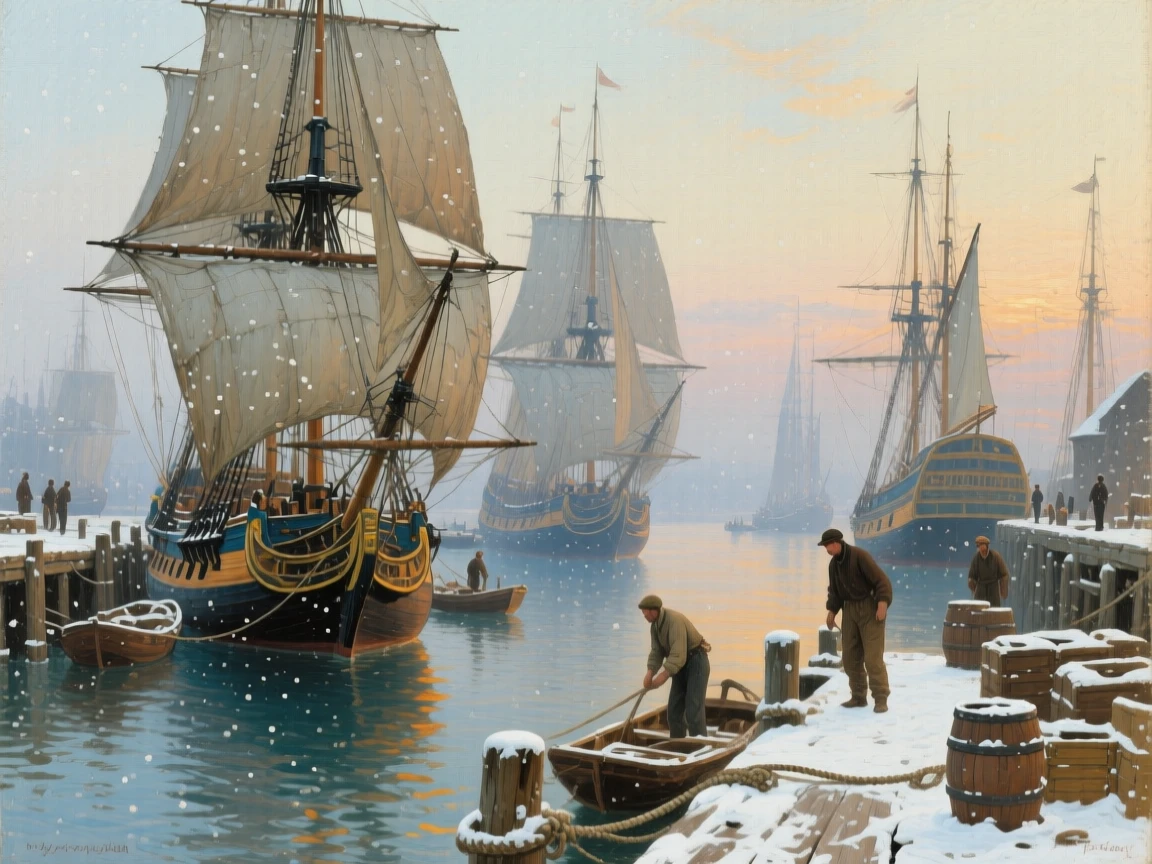 A balanced composition of a bustling harbor filled with tall-masted sailing ships, in gentle falling snow, in the pale light of early evening.