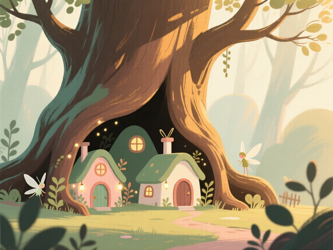A hidden fairy village built into the hollow of a giant tree