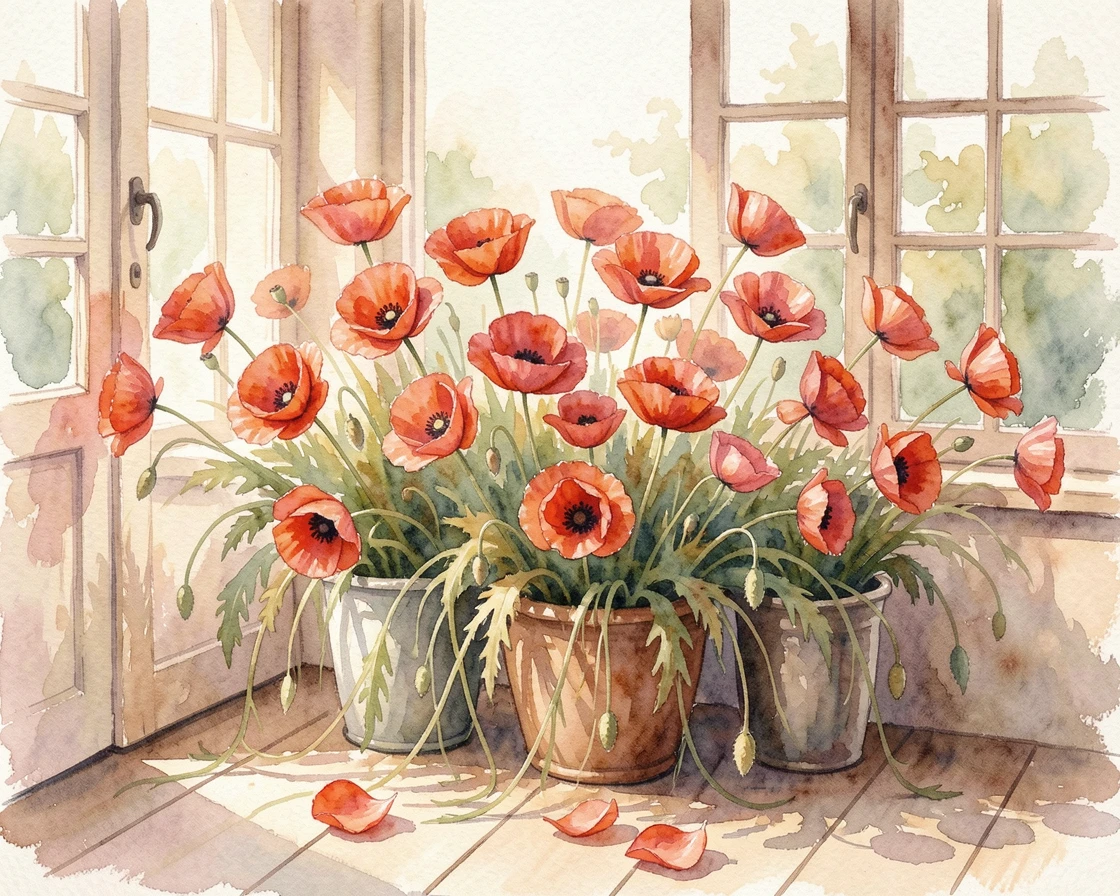 A field of poppies swaying in the breeze in a charming flower shop with a few loose petals scattered nearby.