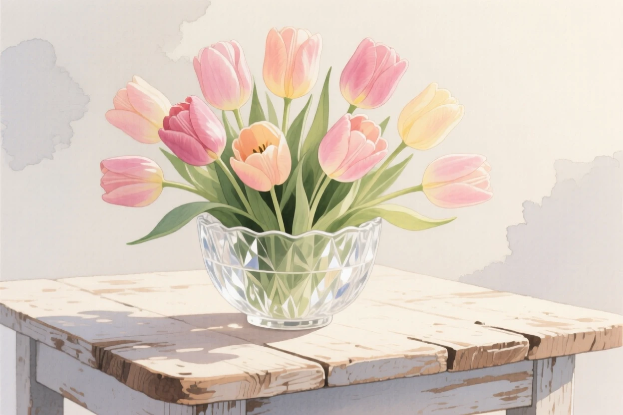 A bouquet of tulips in soft, layered tones fills a delicate crystal bowl on a rustic farmhouse table, petals catching the gentle light