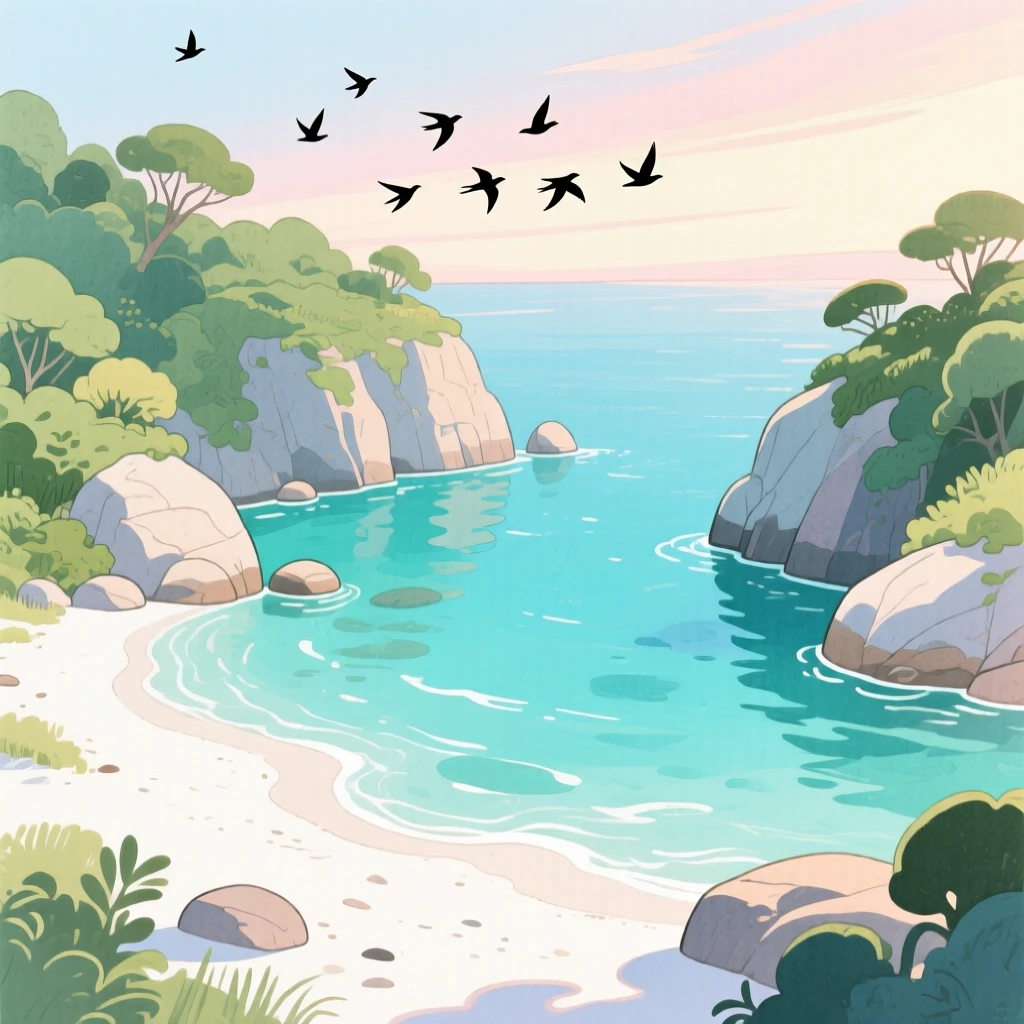 A secluded cove with turquoise water and white sand, with a flock of birds silhouetted against the sky, radiating natural splendor and tranquility.