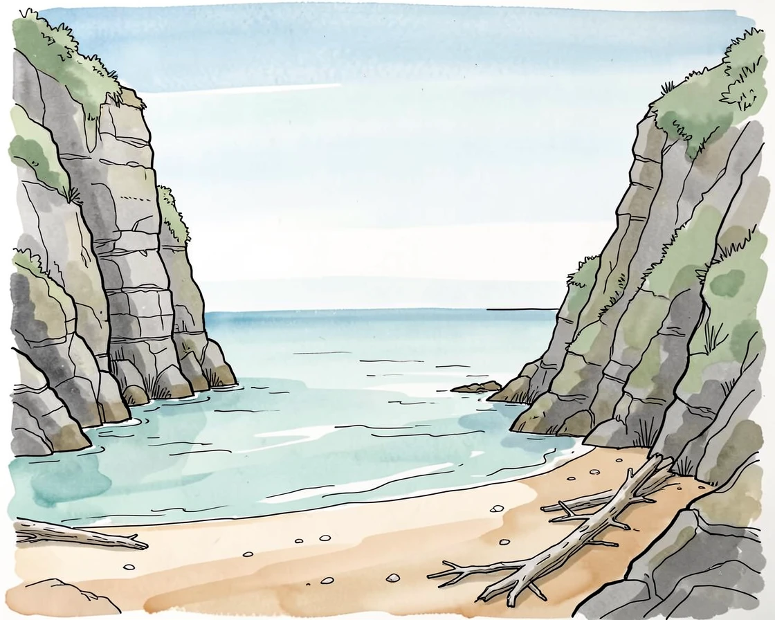 A secluded beach cove framed by towering sea stacks, a sense of calm and vastness filling the open space.