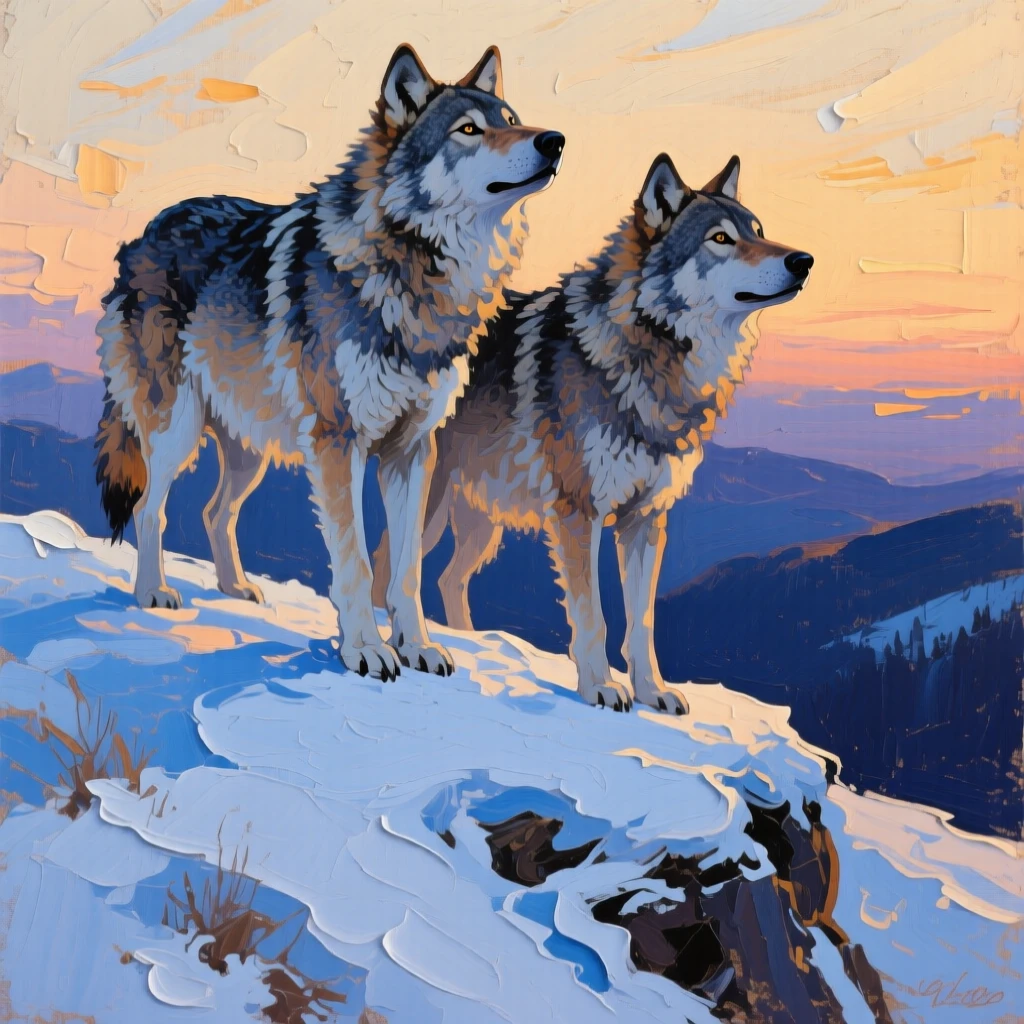 a pair of wolves on a snowy ridge, in quiet evening light, from an inviting eye-level viewpoint.