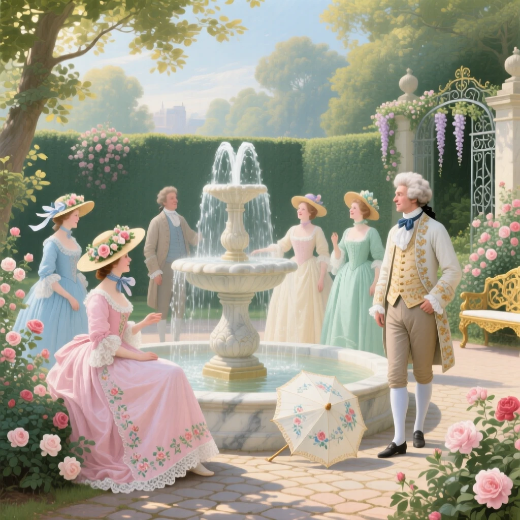 A summer garden fountain surrounded by guests wearing sun hats and ribbons  