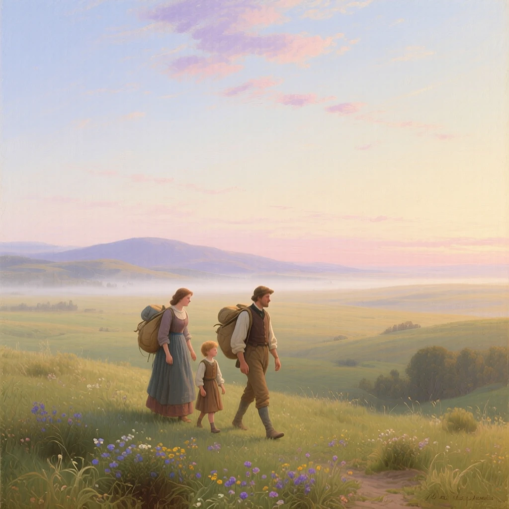 A family of travelers wanders through a broad steppe beneath a vast open sky in the hush of early morning.